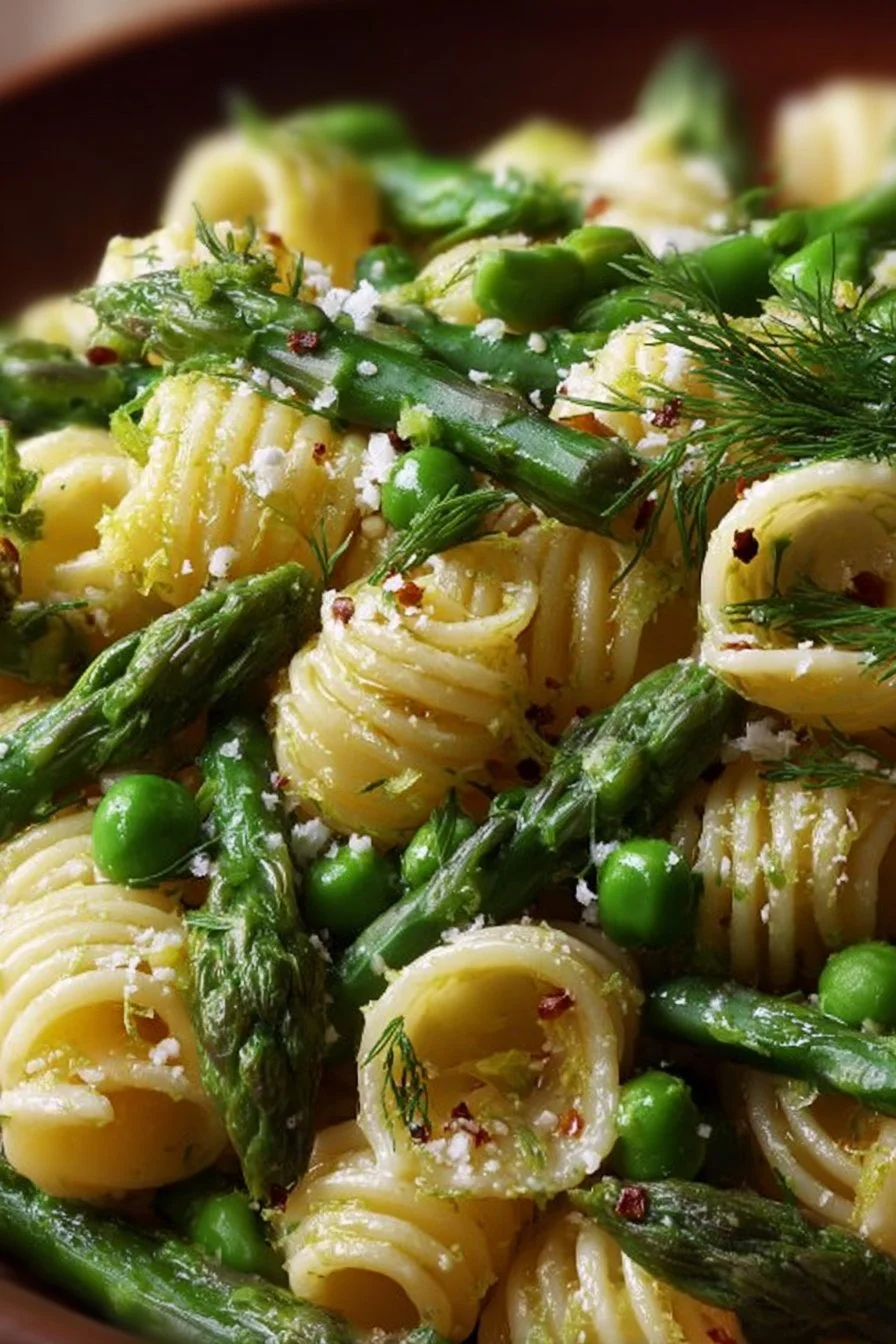 Fresh spring pasta salad with asparagus and lemon dill vinaigrette in a bowl