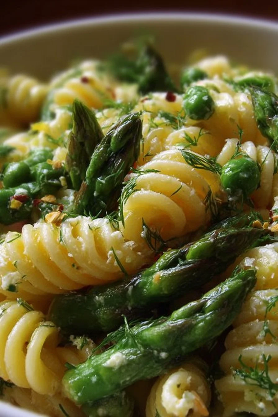 Fresh Spring Pasta Salad with Asparagus and Lemon Dill Vinaigrette served in a bowl