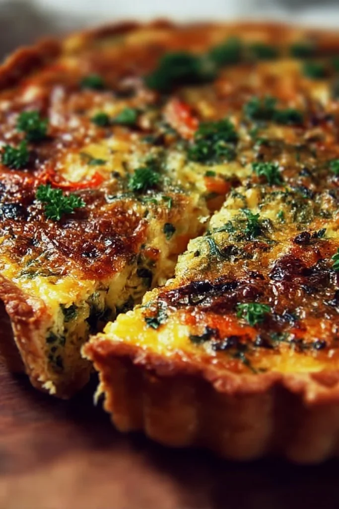 Golden Veggie Quiche with colorful vegetables baked to perfection