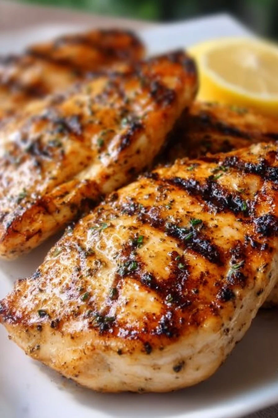 Delicious grilled chicken breasts served with fresh vegetables