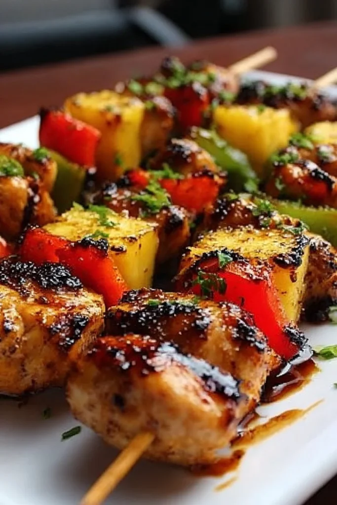 Grilled pineapple chicken kabobs served on a plate with fresh garnishing