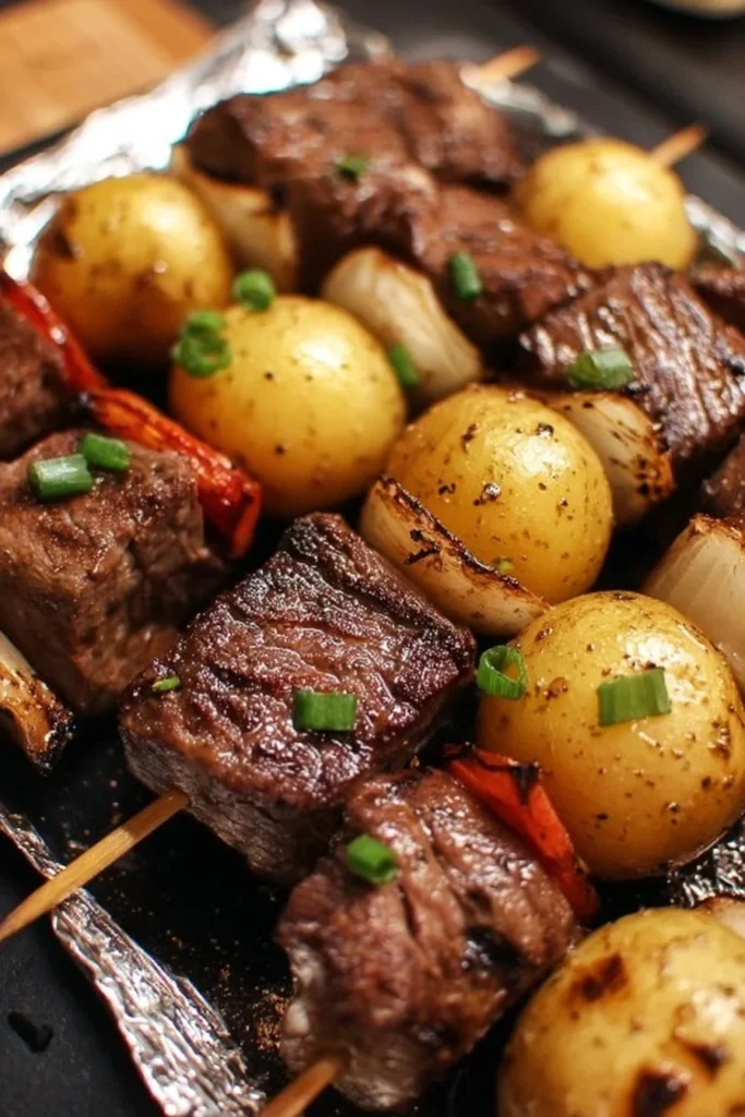 Delicious grilled steak kabobs with potatoes on a skewer