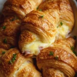 Flaky ham and cheese croissants on a rustic wooden table
