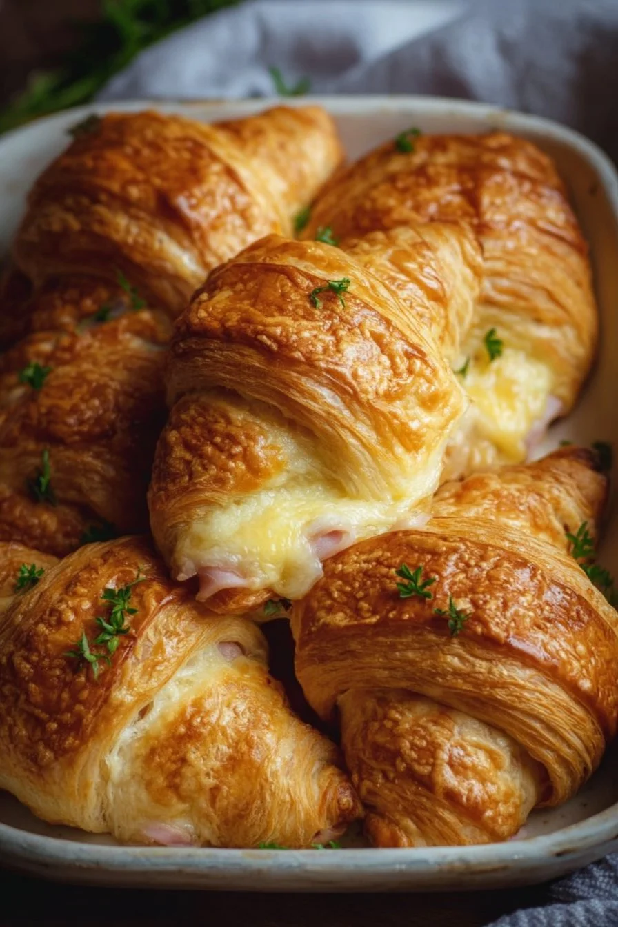 Flaky ham and cheese croissants on a rustic wooden table