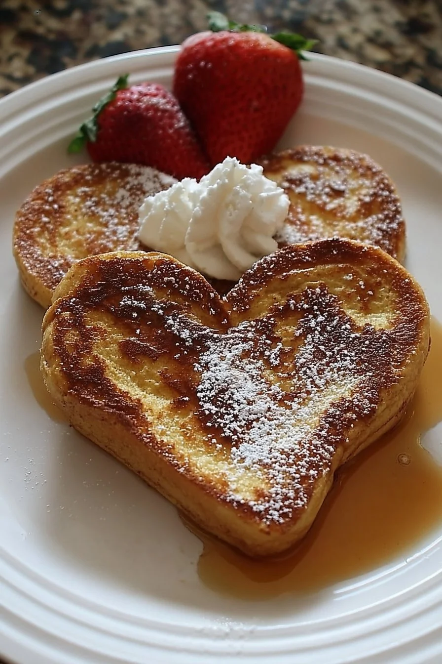Heart-shaped French toast served with syrup and berries