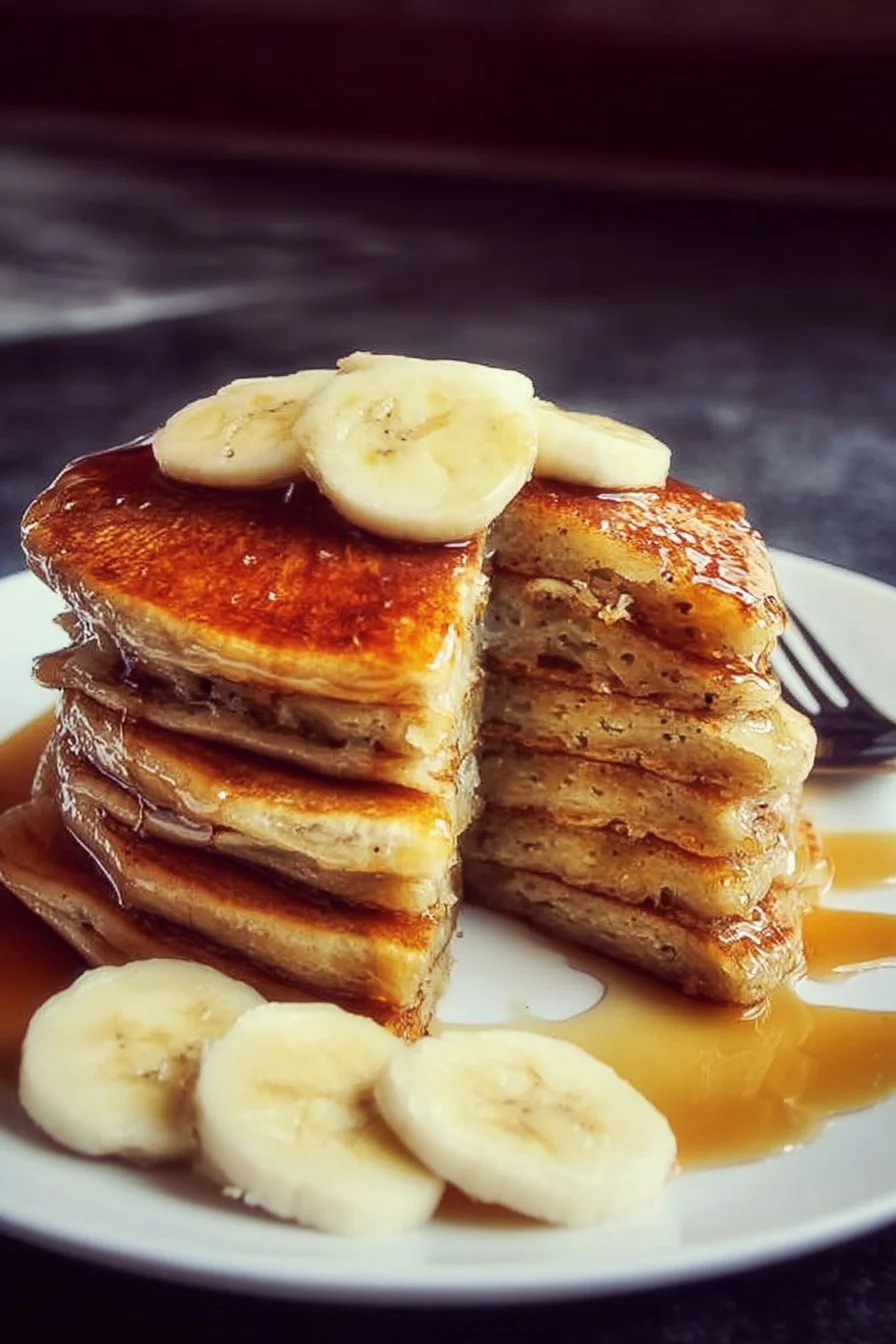 Fluffy homemade banana pancakes served with syrup and fresh bananas