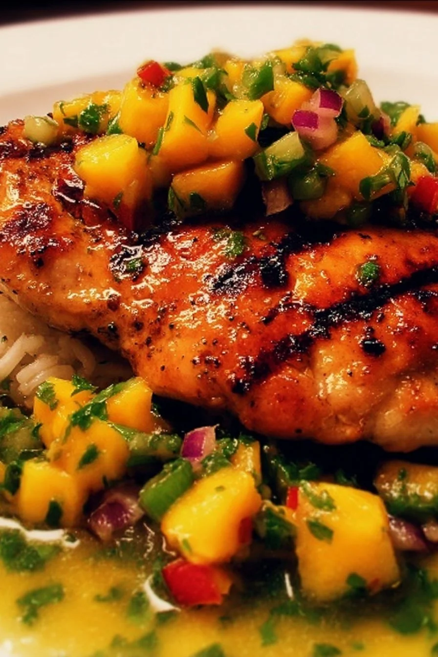 Delicious Honey Lime Chicken served with fresh mango salsa on a plate