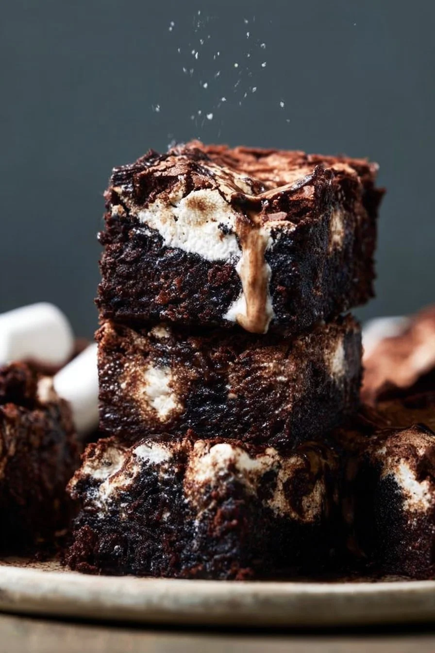 Decadent marshmallow brownies topped with gooey chocolate and fluffy marshmallows