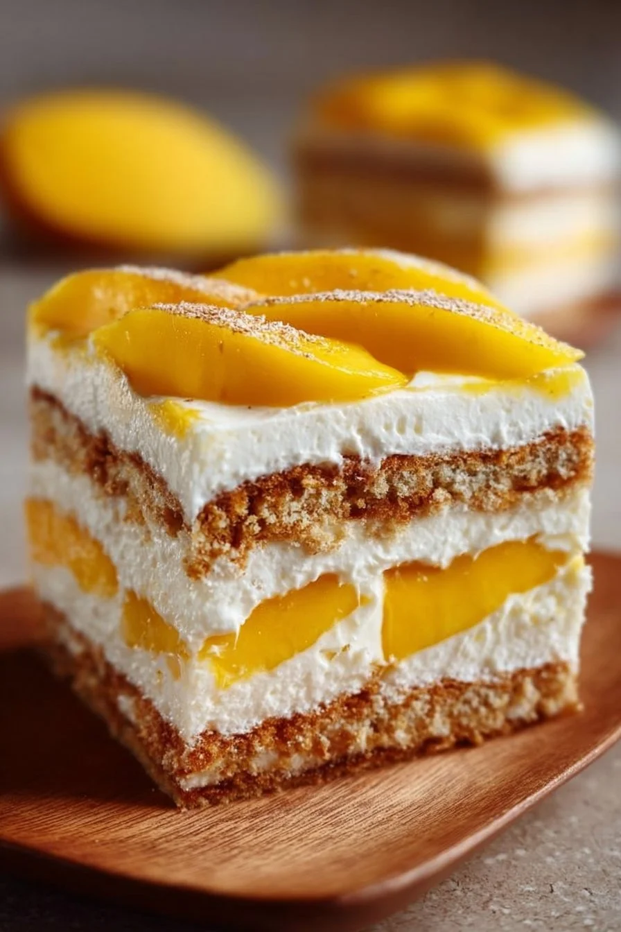 Delicious Mango Float dessert layered with cream and mango slices.