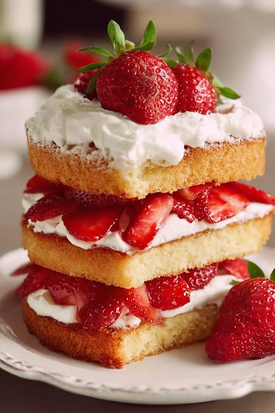 Irresistible strawberry shortcake cake with fresh strawberries and whipped cream