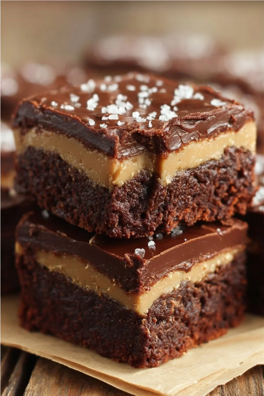 Delicious homemade Buckeye brownies topped with chocolate and peanut butter