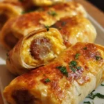 Cheesy sausage egg breakfast roll-ups served on a plate