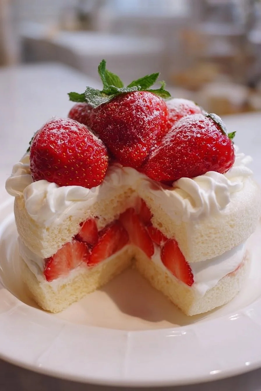 Japanese strawberry shortcake with fresh strawberries and whipped cream layers