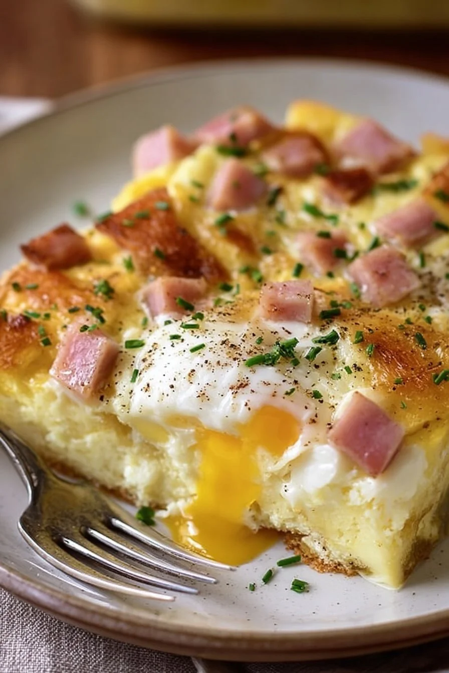 Joanna Gaines' Eggs Benedict Casserole served on a plate with garnish