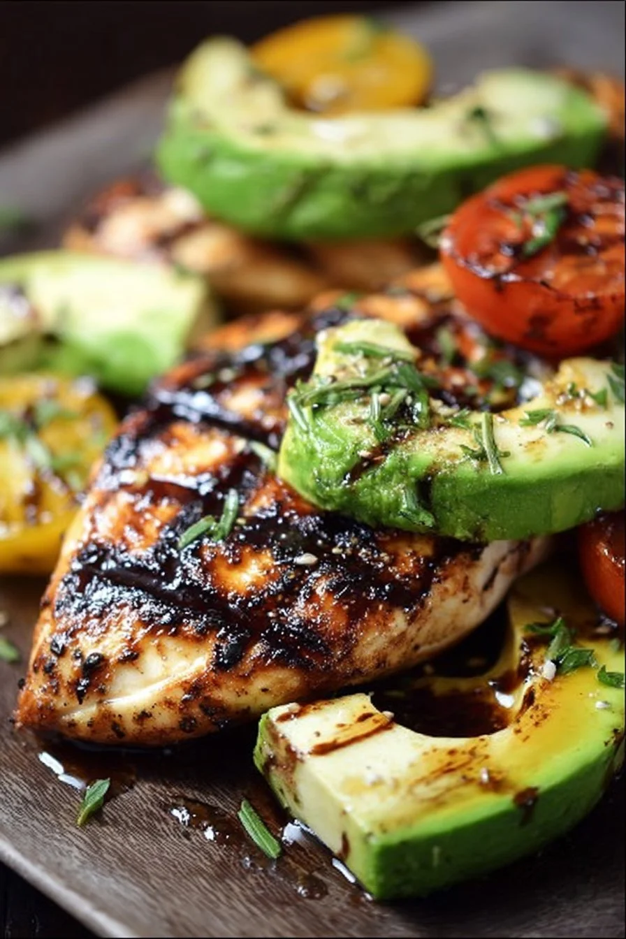 Juicy grilled California avocado chicken served with fresh herbs and vegetables.