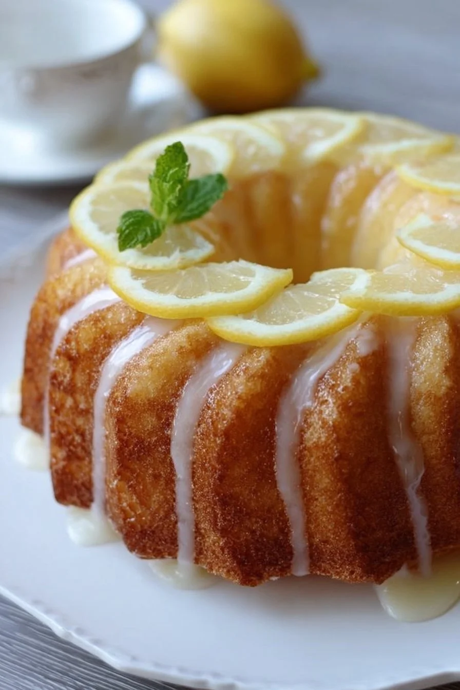 Delicious homemade Lemon Bundt Cake decorated with icing and lemon zest
