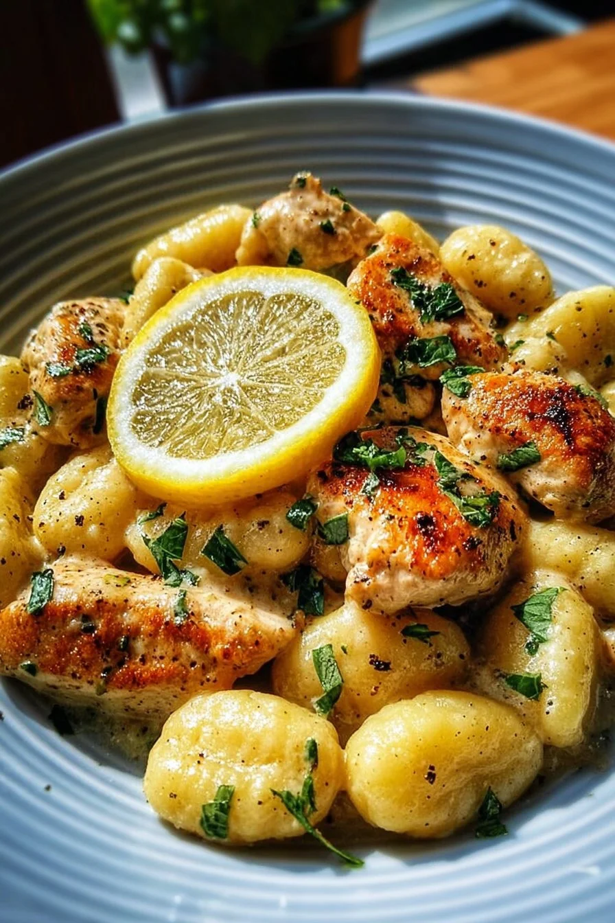 Delicious Lemon Chicken Gnocchi served with fresh herbs