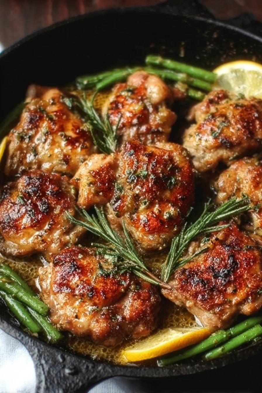 Lemon Garlic Butter Chicken Thighs served with fresh herbs and lemon slices