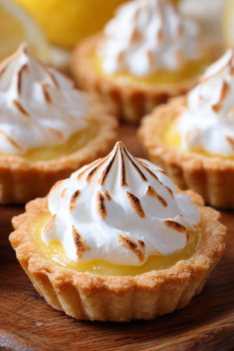 Lemon meringue tartlets topped with fluffy meringue and lemon zest