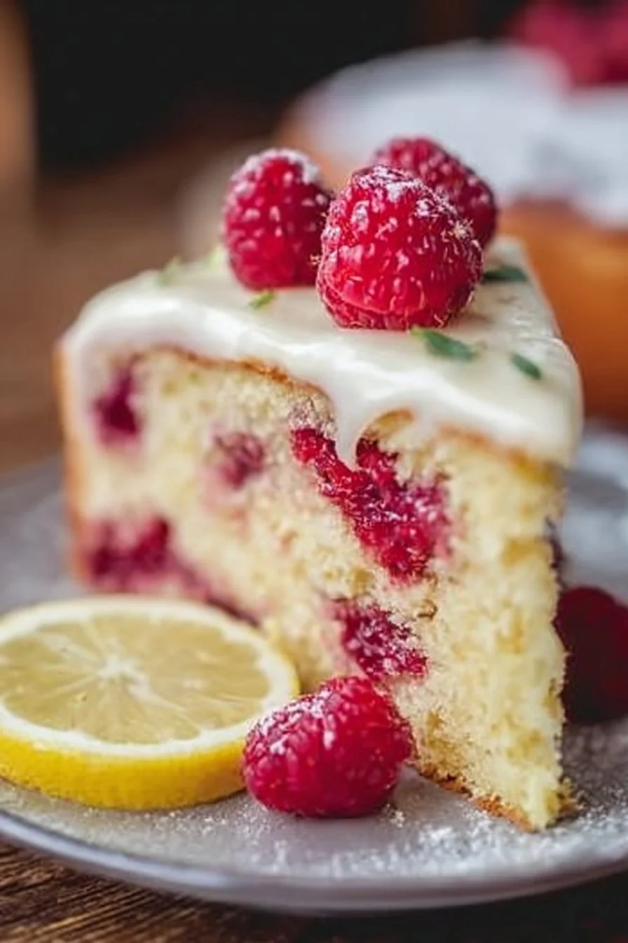 Delicious homemade Lemon Raspberry Cake with fresh raspberries and lemon zest.