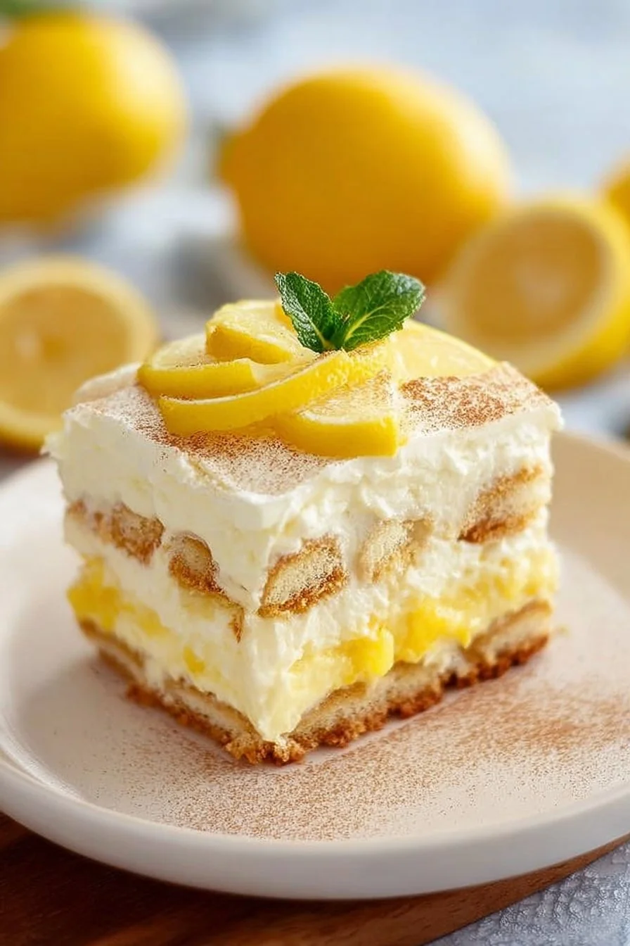 Delicious lemon tiramisu dessert garnished with lemon zest and mint leaves