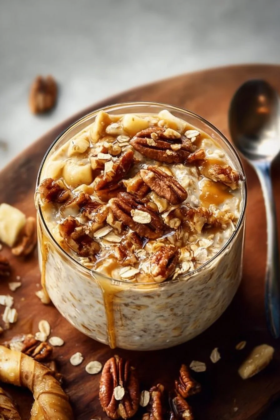 Delicious bowl of maple brown sugar overnight oats topped with fresh fruits
