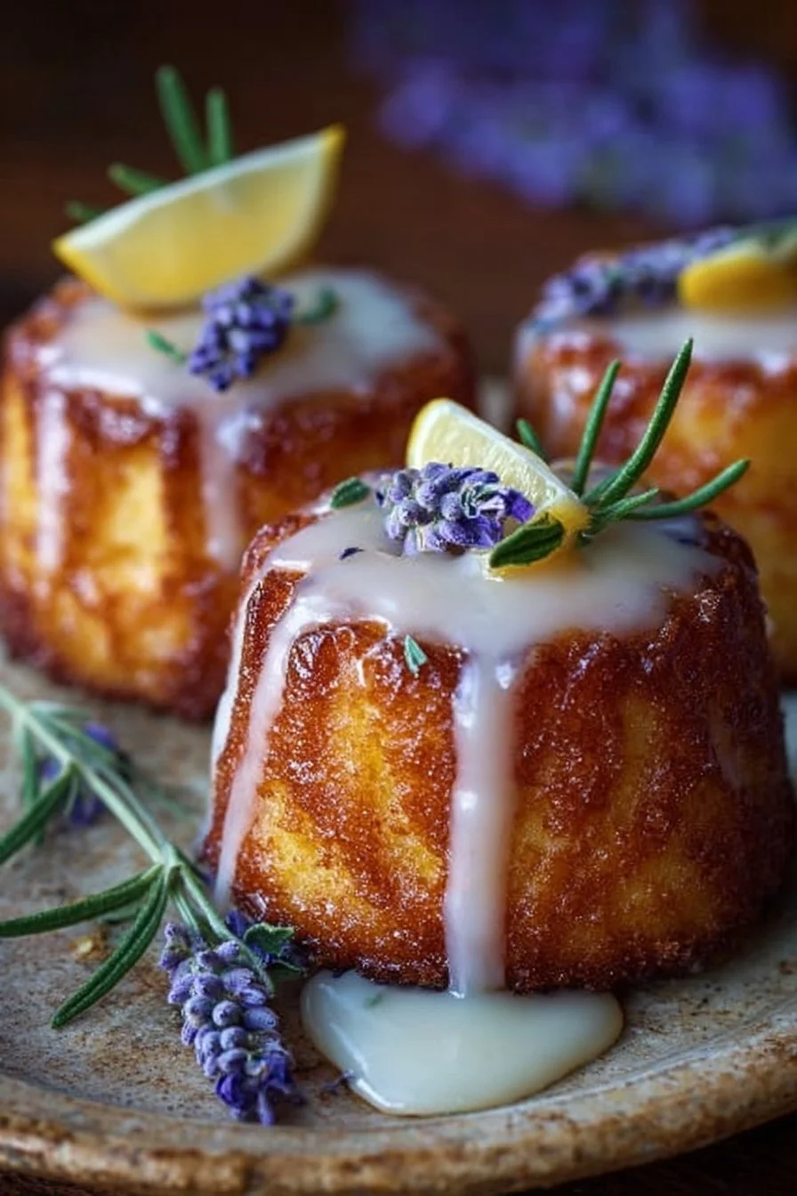 Mini lemon cakes topped with lavender glaze on a white plate