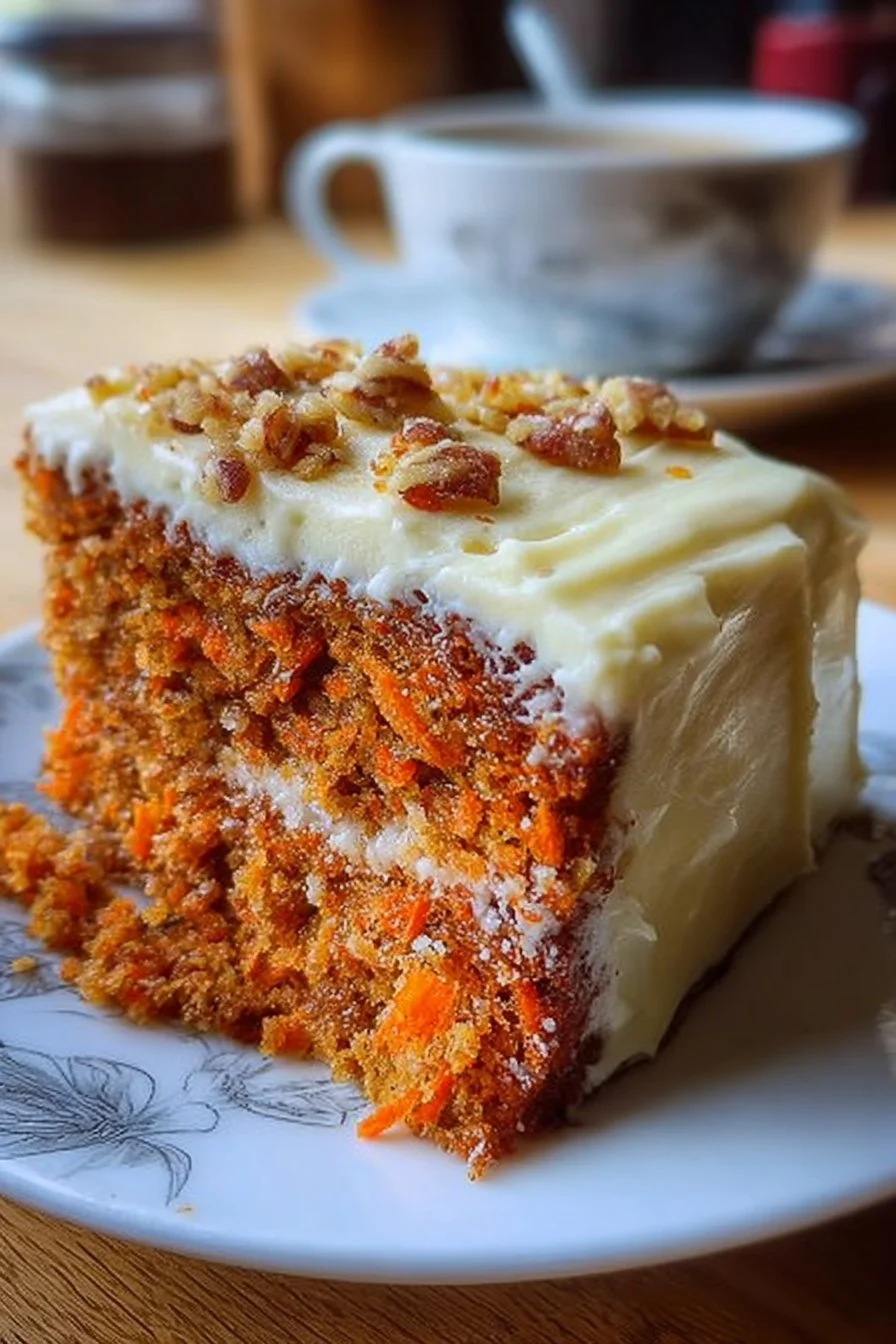 Moist homemade carrot cake with cream cheese frosting on a white plate
