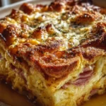 Delicious Monte Cristo Breakfast Casserole topped with cheese and herbs