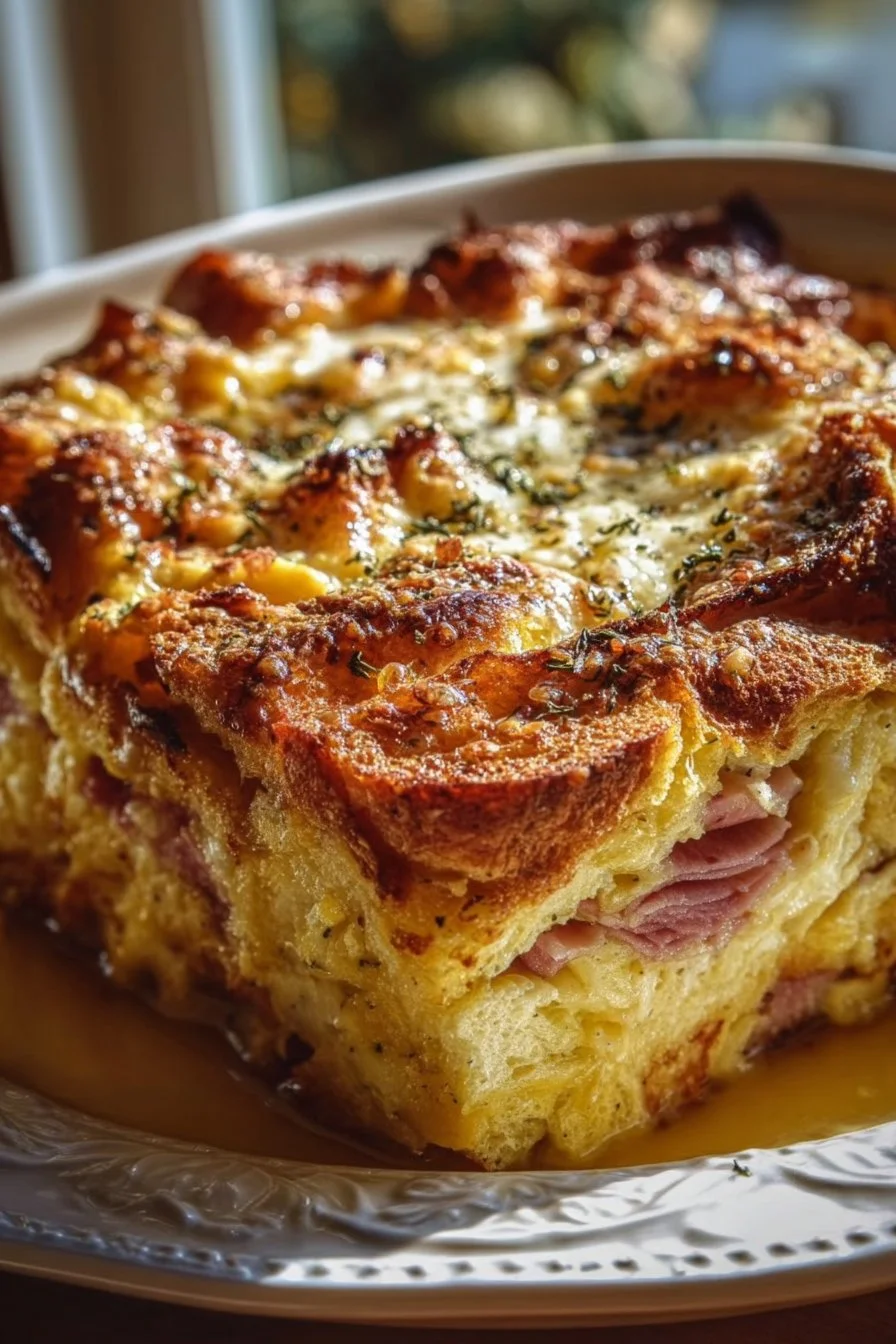 Delicious Monte Cristo Breakfast Casserole topped with cheese and herbs