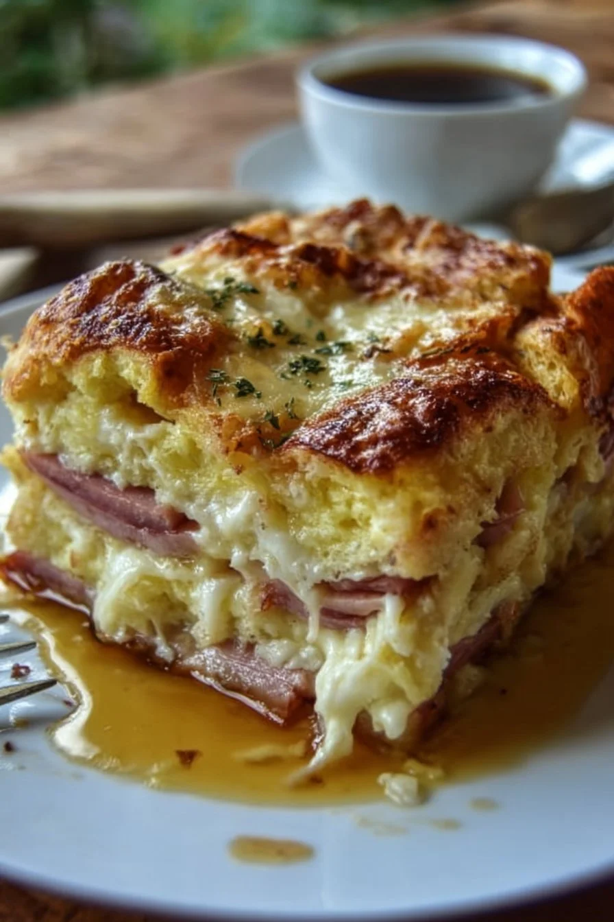 Monte Cristo breakfast casserole featuring layers of bread, cheese, and ham