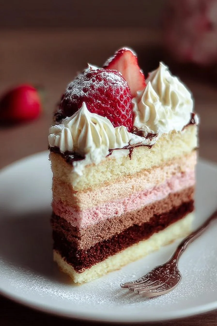 Delicious Neapolitan Cake with chocolate, vanilla, and strawberry layers.