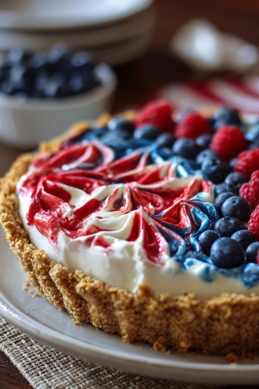 Delicious no-bake 4th of July swirl pie with red, white, and blue layers.