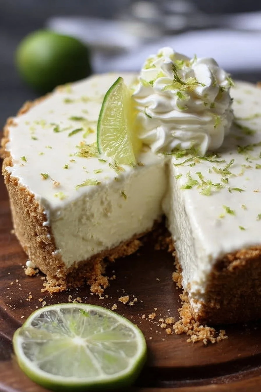 No Bake Key Lime Pie served on a white plate with lime slices
