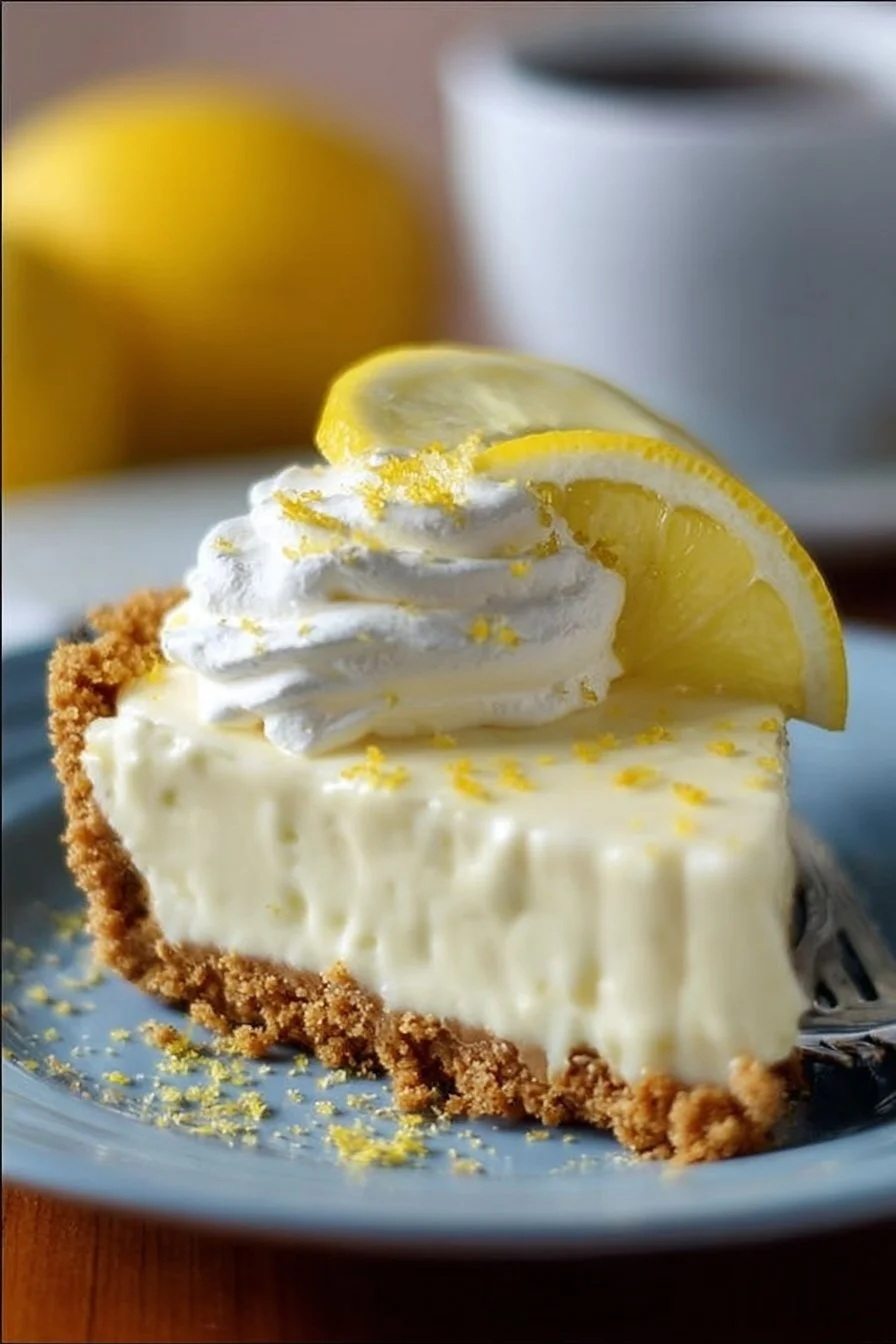 No-bake lemon icebox pie served on a plate with a slice cut out
