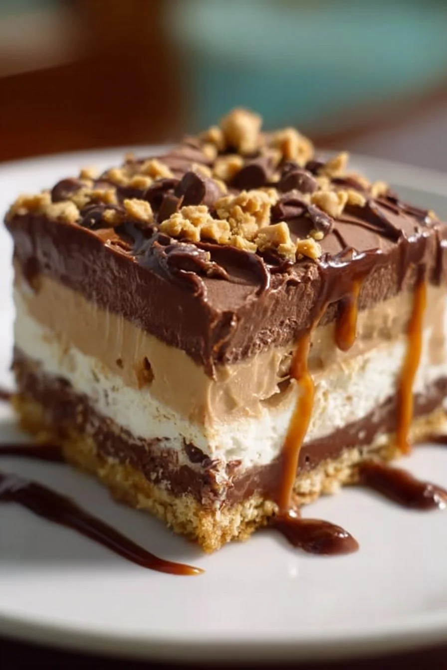 No-bake peanut butter chocolate layered dessert served in a dish