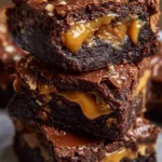 Decadent Snickers brownies topped with caramel and peanuts