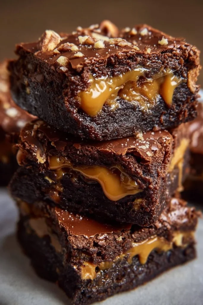 Decadent Snickers brownies topped with caramel and peanuts