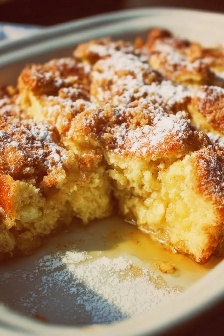 Delicious oven baked French toast casserole served with syrup and berries.