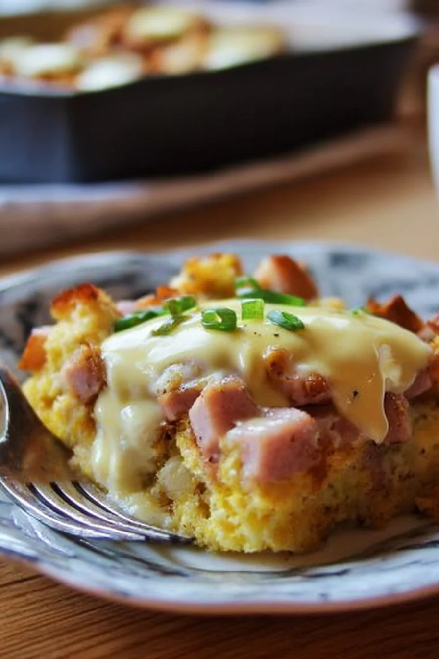 Delicious Overnight Eggs Benedict Casserole ready to serve for brunch.