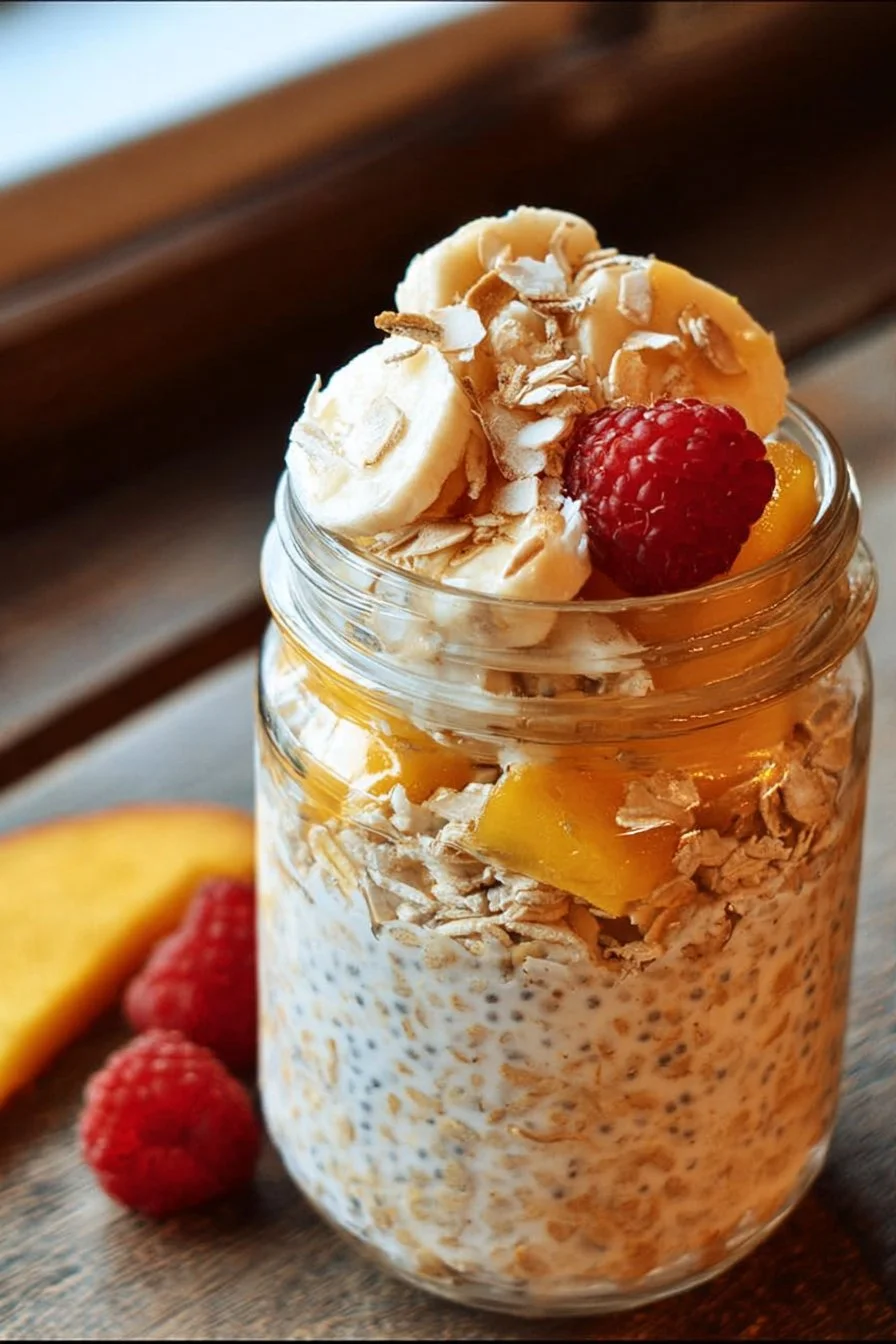Colorful jars of overnight oats topped with fruits and nuts for a healthy breakfast.