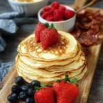 Pancake perfection displayed beautifully on a wooden serving board