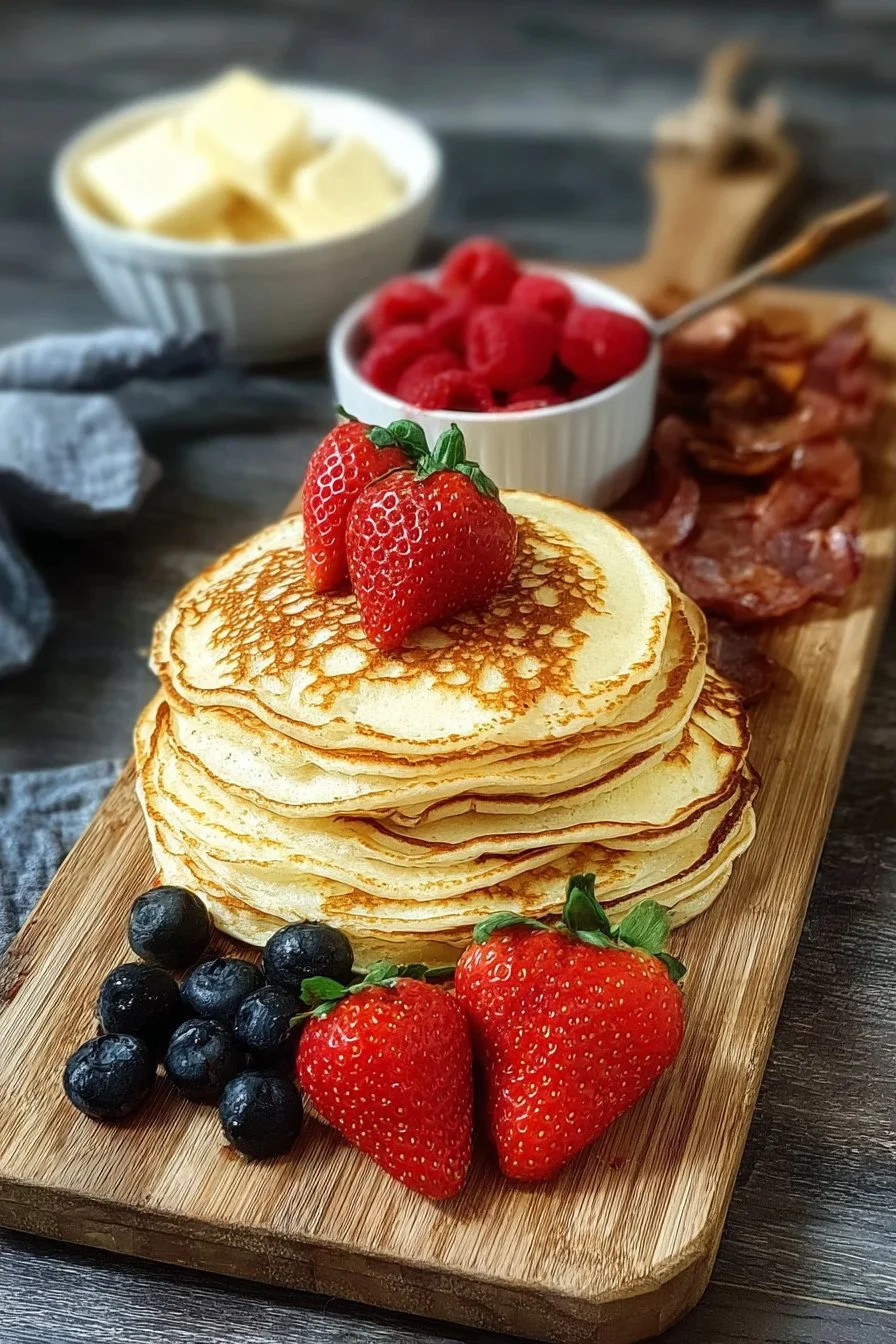 Pancake perfection displayed beautifully on a wooden serving board