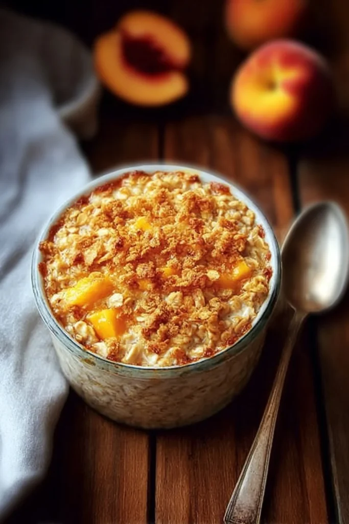 Delicious Peach Cobbler Oats topped with fresh peaches and a sprinkle of cinnamon