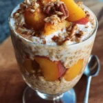 Bowl of Peach Cobbler Overnight Oats topped with fresh peaches and cinnamon
