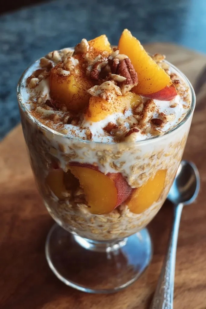 Bowl of Peach Cobbler Overnight Oats topped with fresh peaches and cinnamon