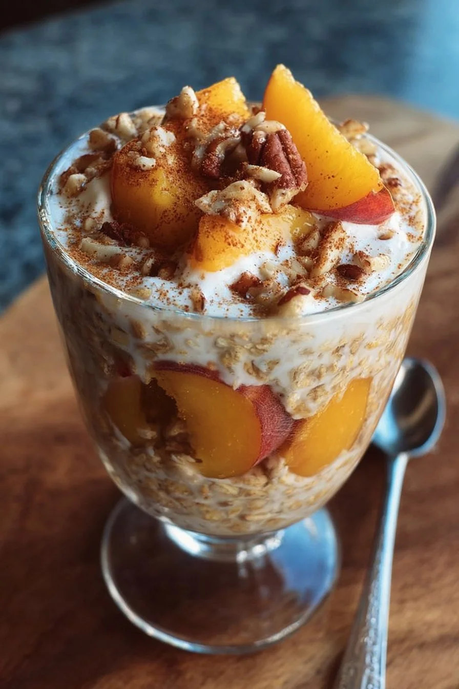 Bowl of Peach Cobbler Overnight Oats topped with fresh peaches and cinnamon