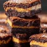 Delicious peanut butter stuffed brownies topped with chocolate drizzle