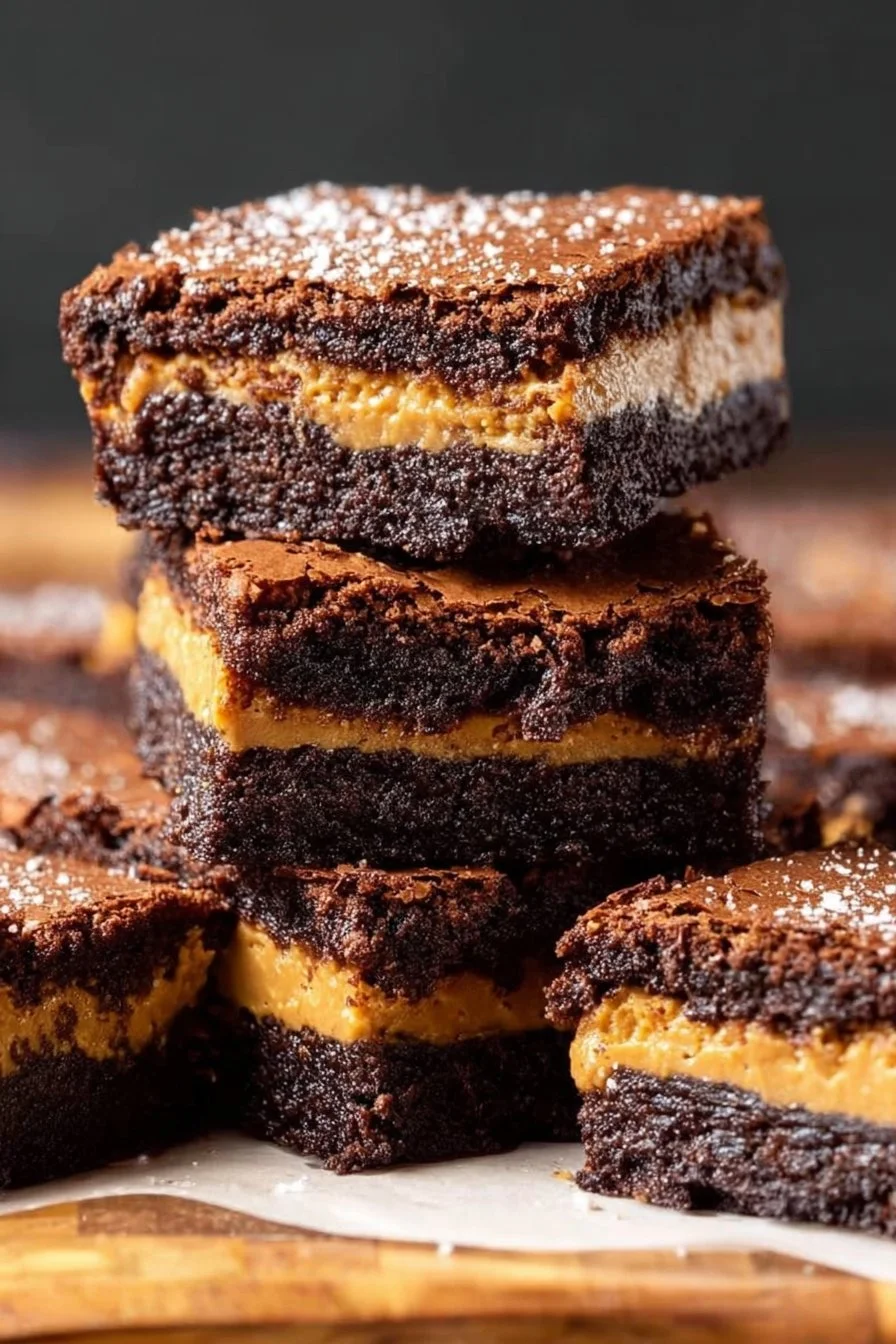 Delicious peanut butter stuffed brownies topped with chocolate drizzle