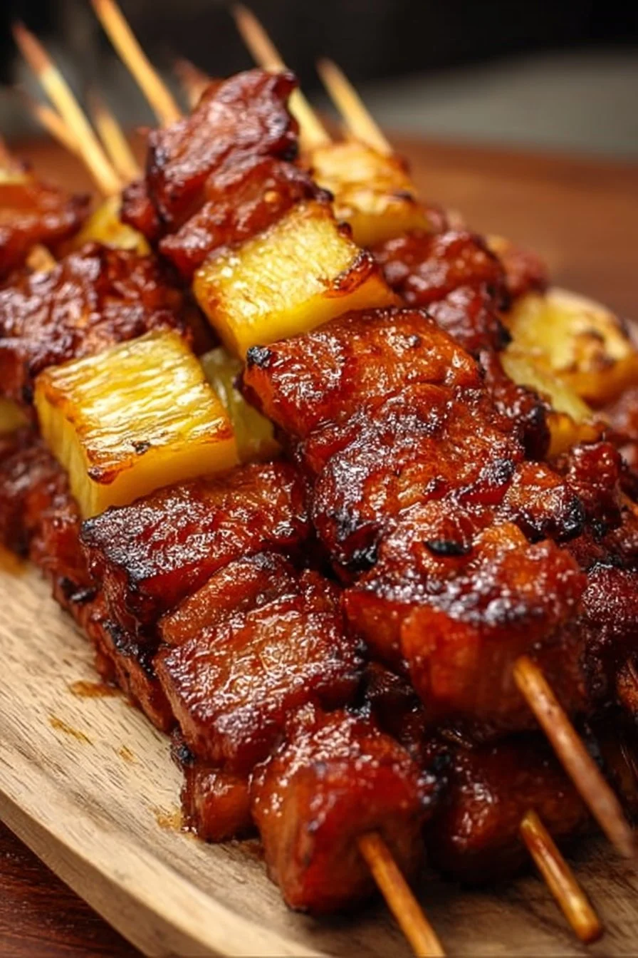 Delicious pineapple BBQ pork skewers ready for grilling.